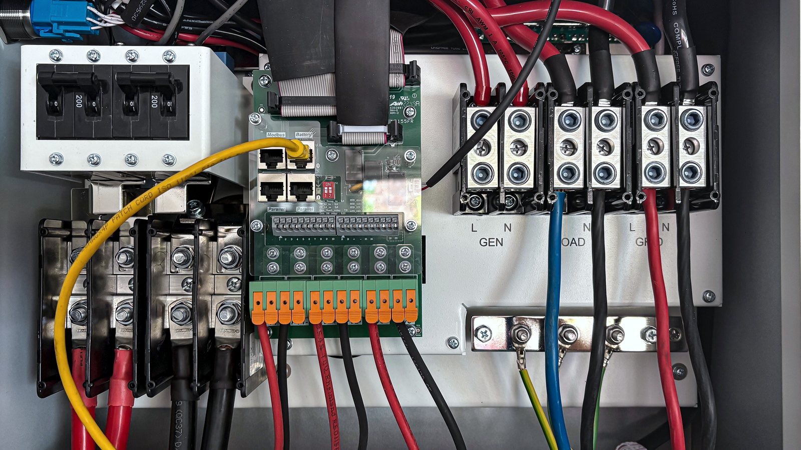 Wiring and breakers inside an industrial control panel