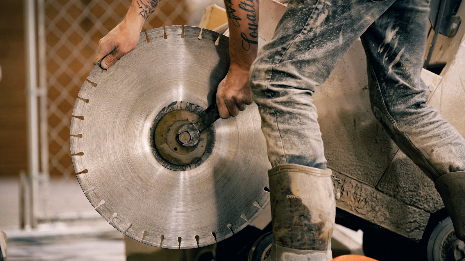 Diamond cutting blade being fitted to a concrete saw on site